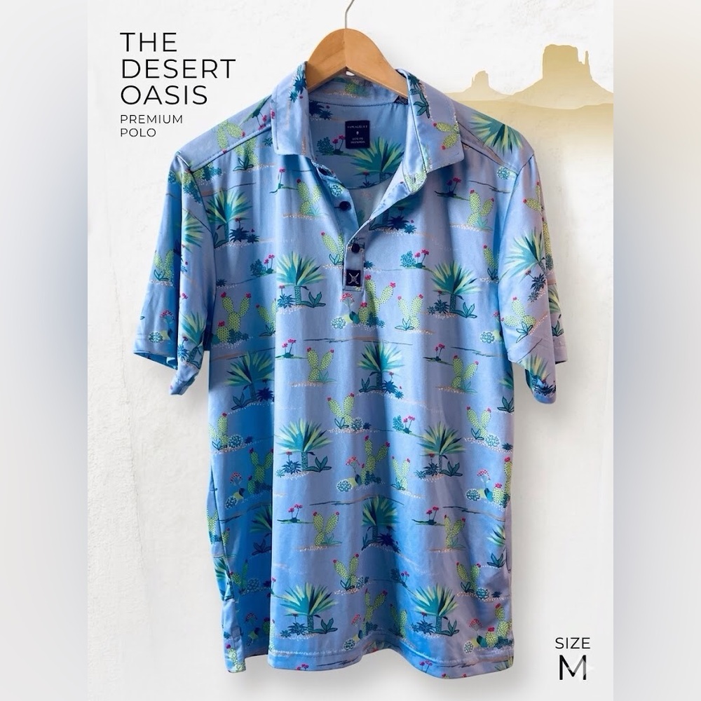Con.struct Quick Dry Performance Polo | Size Medium | Blue Cactus Desert Golf